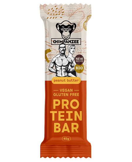 Barre protéinée bio Chimpanzee sans gluten et riche en fibres, idéale pour compléter facilement l’apport en énergie et en protéines.