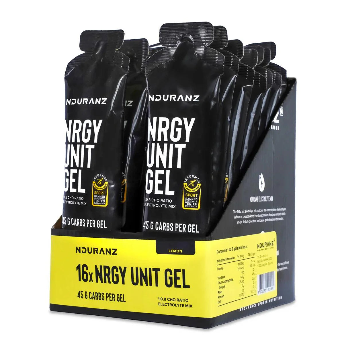 Gel énergétique haute performance apportant 45 g de glucides par portion avec des électrolytes pour soutenir les efforts d’endurance intenses et compenser les pertes liées à la transpiration.