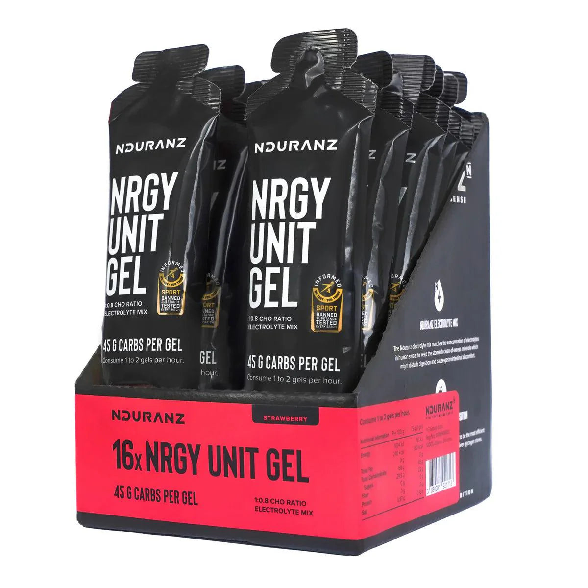 Gel énergétique haute performance apportant 45 g de glucides par portion avec des électrolytes pour soutenir les efforts d’endurance intenses et compenser les pertes liées à la transpiration.