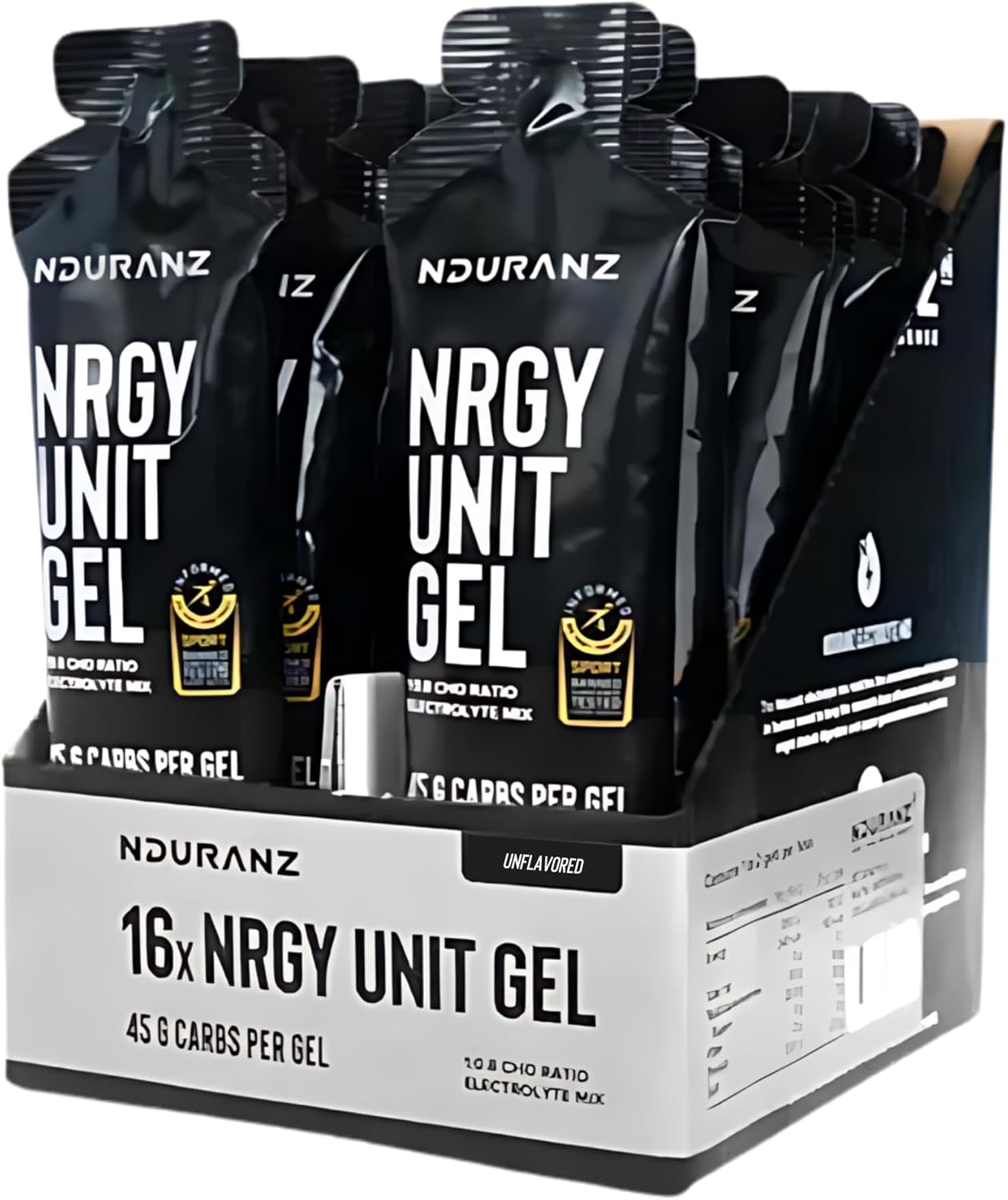 Gel énergétique haute performance apportant 45 g de glucides par portion avec des électrolytes pour soutenir les efforts d’endurance intenses et compenser les pertes liées à la transpiration.